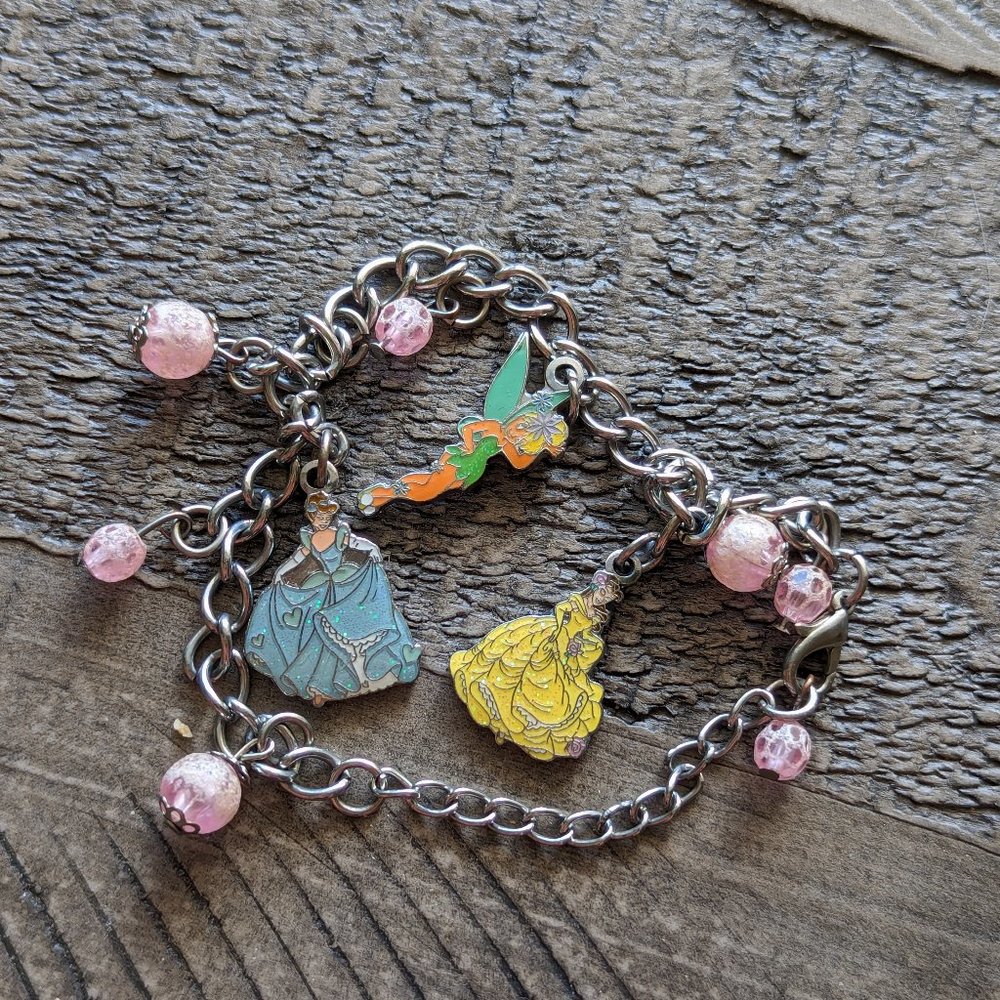 Vintage Disney Princess Silver 3 Charm Bracelet Tinkerbell, Belle, Cinderella
